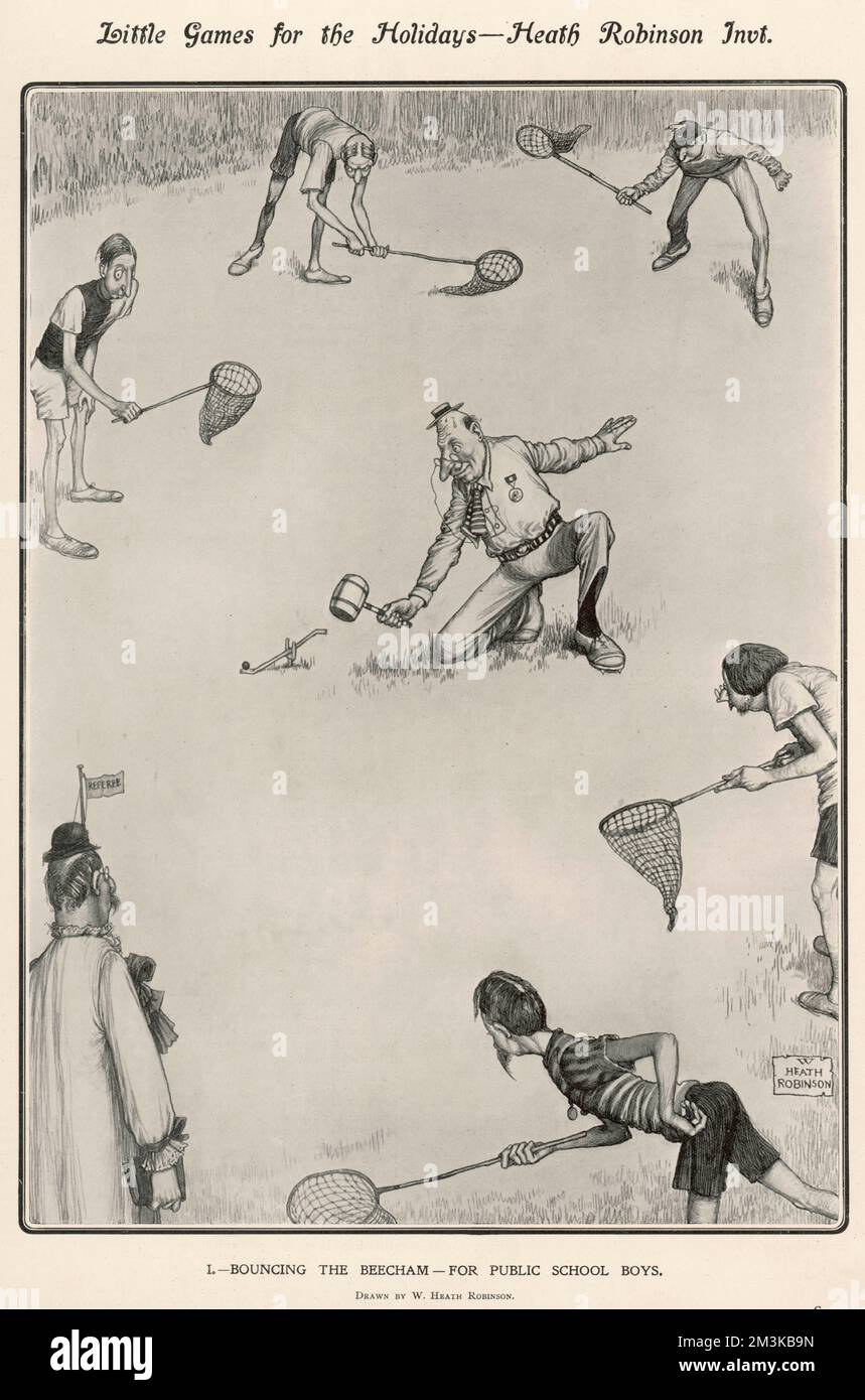 A curious game invented by Heath Robinson whereby a tiny ball or beechum is sprung into the air by the hefty use of a mallet while a number of public school boys wait to catch it with nets poised.  Such was the popularity of the bouncing the beechum cartoon, that many people recreated the game for real!  Copyright: By courtesy of the Estate of Mrs J. C. Robinson/Pollinger Ltd/Mary Evans Picture Library/ILN     Date: 1910 Stock Photo