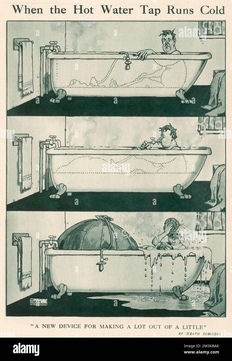 Ingenious invention for improving the level of bath water, especially when hot water runs out, whereby the occupant inflates a large balloon to order to displace water and raise the level.  As the caption reads, 'A New Device for Making a Lot out of a Little'.    Please note: Credit must appear as  Courtesy of the Estate of Mrs J.C.Robinson/Pollinger Ltd/ILN/Mary Evans     Date: 1920 Stock Photo