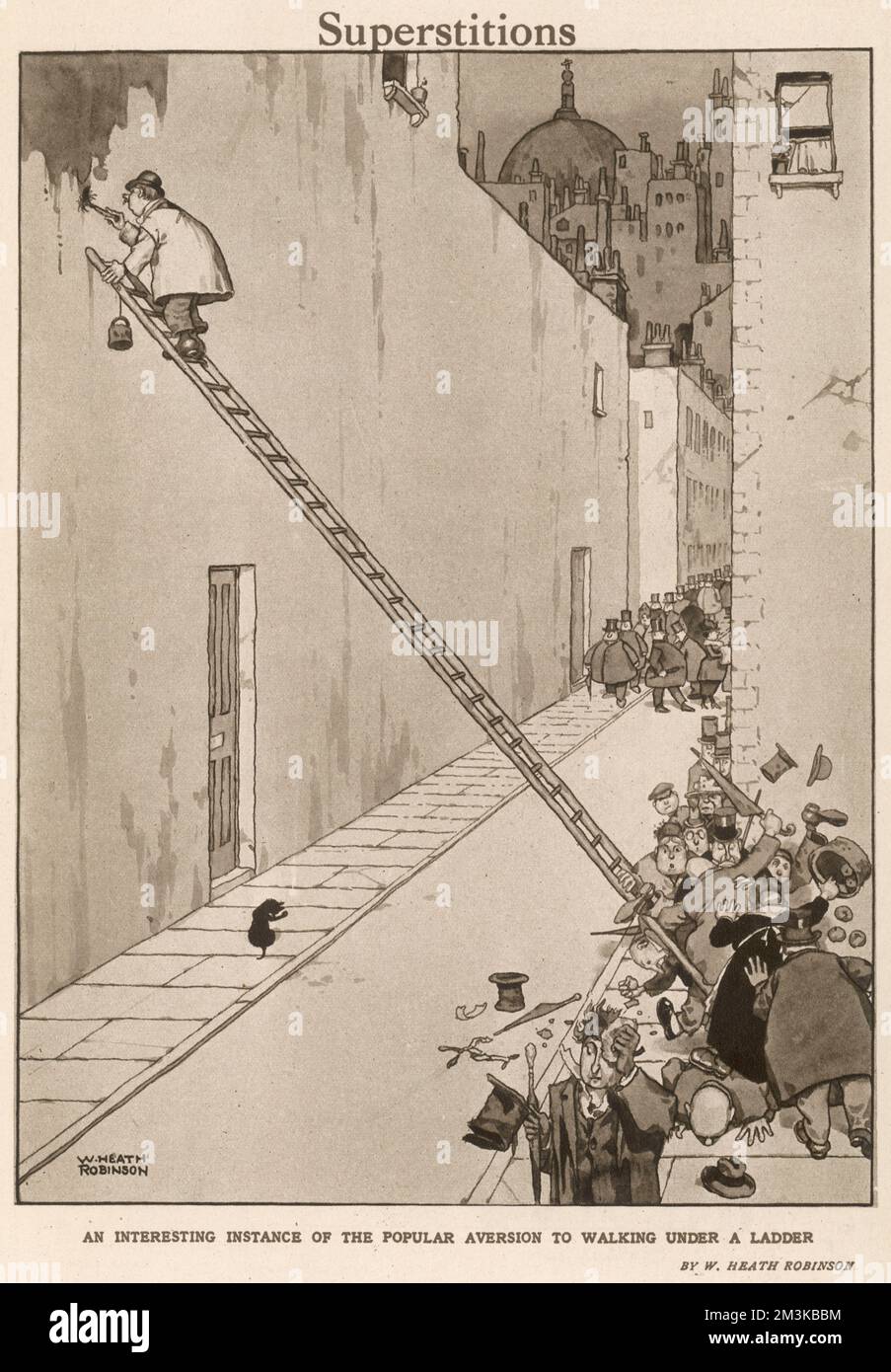 'An interesting instance of the popular aversion to walking under a ladder'.  A group of superstitious pedestrians find themselves in a bit of a scrum as they attempt to squeeze through the smallest gap left by a painter's ladder on the pavement.     Please note: Credit must appear as  Courtesy of the Estate of Mrs J.C.Robinson/Pollinger Ltd/ILN/Mary Evans     Date: 1920 Stock Photo