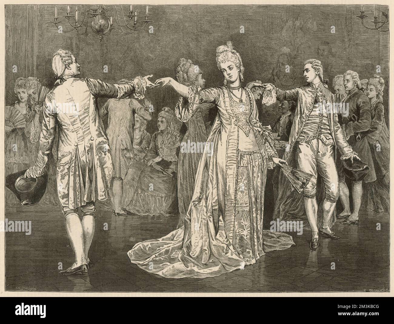 A dance scene showing a minuet. The couple in the  foreground take each other by the hand and parade in a circle using short steps known as 'pas menus'.     Date: 16th October 1875 Stock Photo