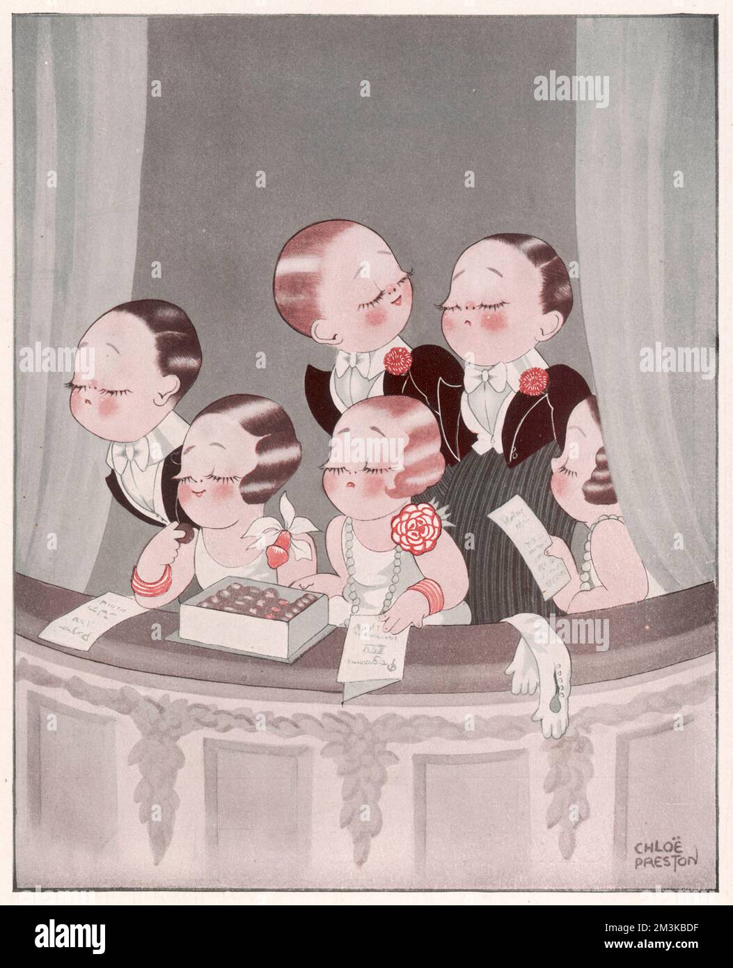 A group of snooty and arrogant looking theatre goers sit in a box, chomp chocolates and look disdainfully down upon the stage and audience below.     Date: 1926 Stock Photo