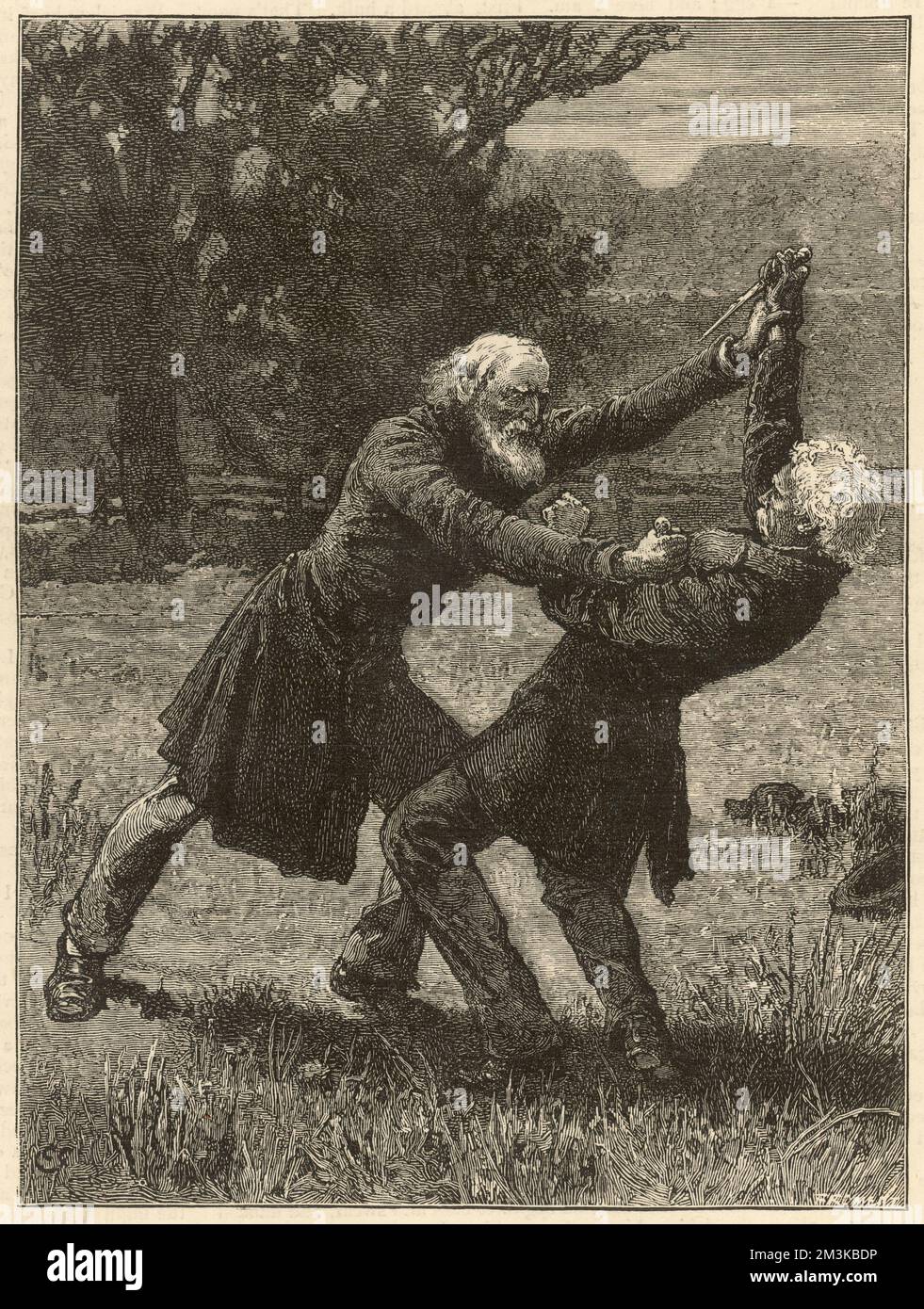 Two white-haired men, one clutching a knife, are locked in battle in the middle of a field,     Date: 23rd February 1878 Stock Photo