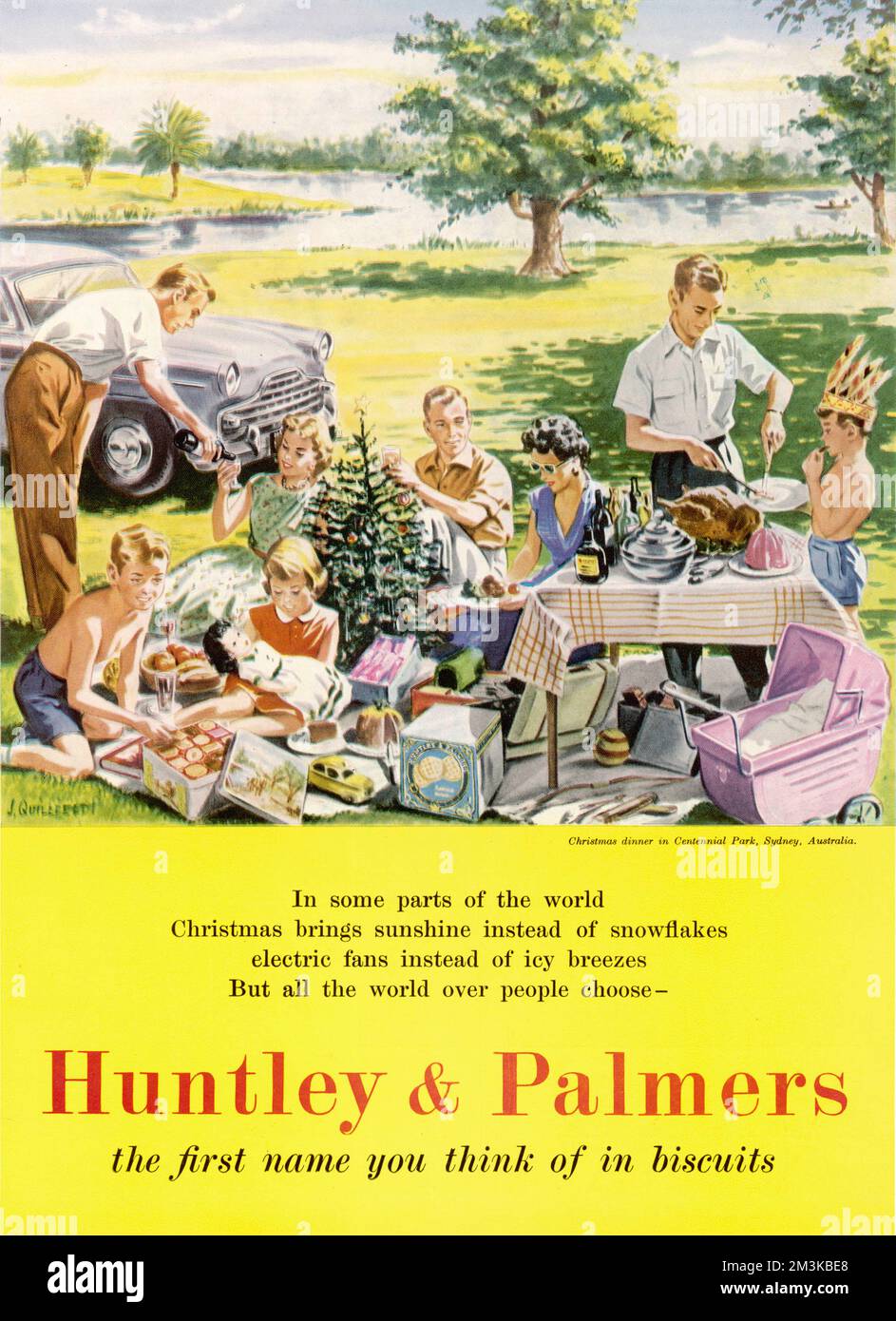 Christmas Dinner in Centennial Park, Sydney, Australia given a quintessential British twist with the addition of Huntley and Palmer's biscuits.  Not sure how well they go with the turkey though.     Date: 1956 Stock Photo