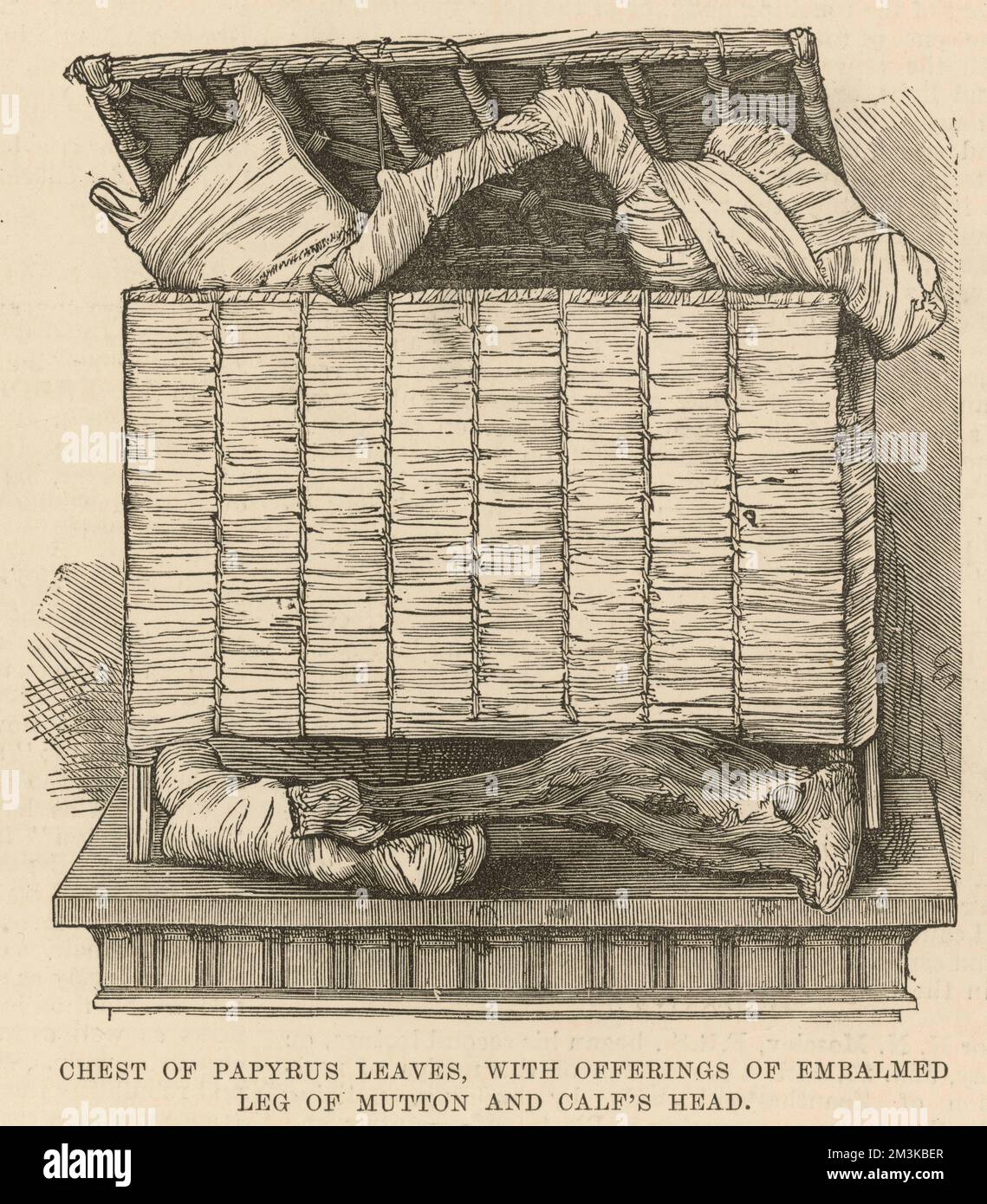 A chest made of papyrus leaves, with offerings of embalmed leg of mutton and calf's head, as discovered by Professor Maspero at Thebes in Upper Egypt, during his investigation in April 1881. Egyptologist Ameila Edwards described these artefacts in the accompanying article in the Illustrated London News, 'The large hamper, on being opened, proved to contain the funereal repast of Queen Isa-em-Kheb. This repast consisted of geese, legs of mutton and gazelle, calves' heads etc, all mummified and bandaged.'     Date: Ancient Egyptian (21st Dynasty ) Stock Photo