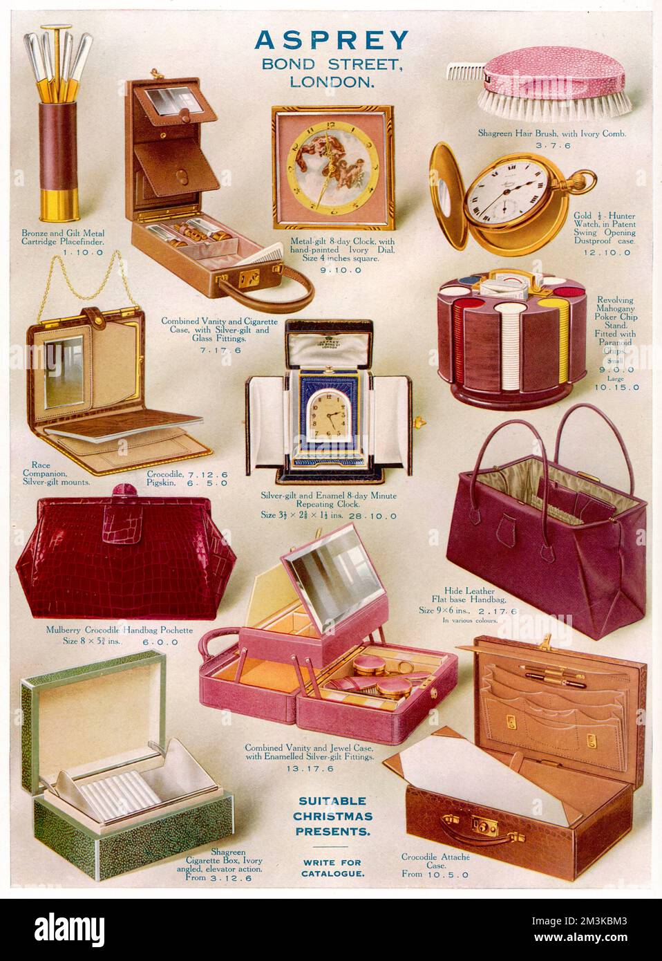 Colour advertisement for Asprey of Bond Street displaying a wide variety of Christmas present ideas, including an attache case, a shagreen cigarette box, leather handbag, crocodile handbag pochette, a poker chip stand, race companion, pocket watch, clock, combined vanity and cigarette case and a shagreen hair brush with ivory comb.  1926 Stock Photo