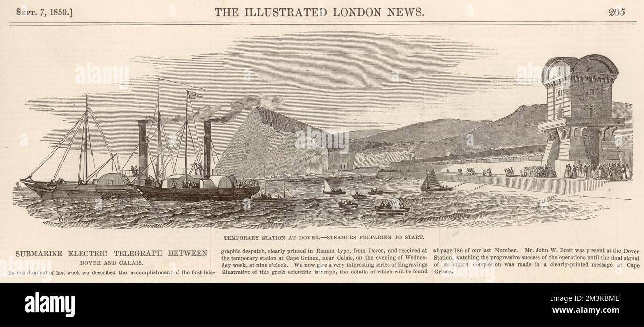 The first submarine electric telegraphic despatch from Dover to Cape Grinez, near Calais. After arriving in France however, the cable failed and it was discovered that a French fisherman had hauled up the wire with his catch, and cut it!     Date: 1850 Stock Photo