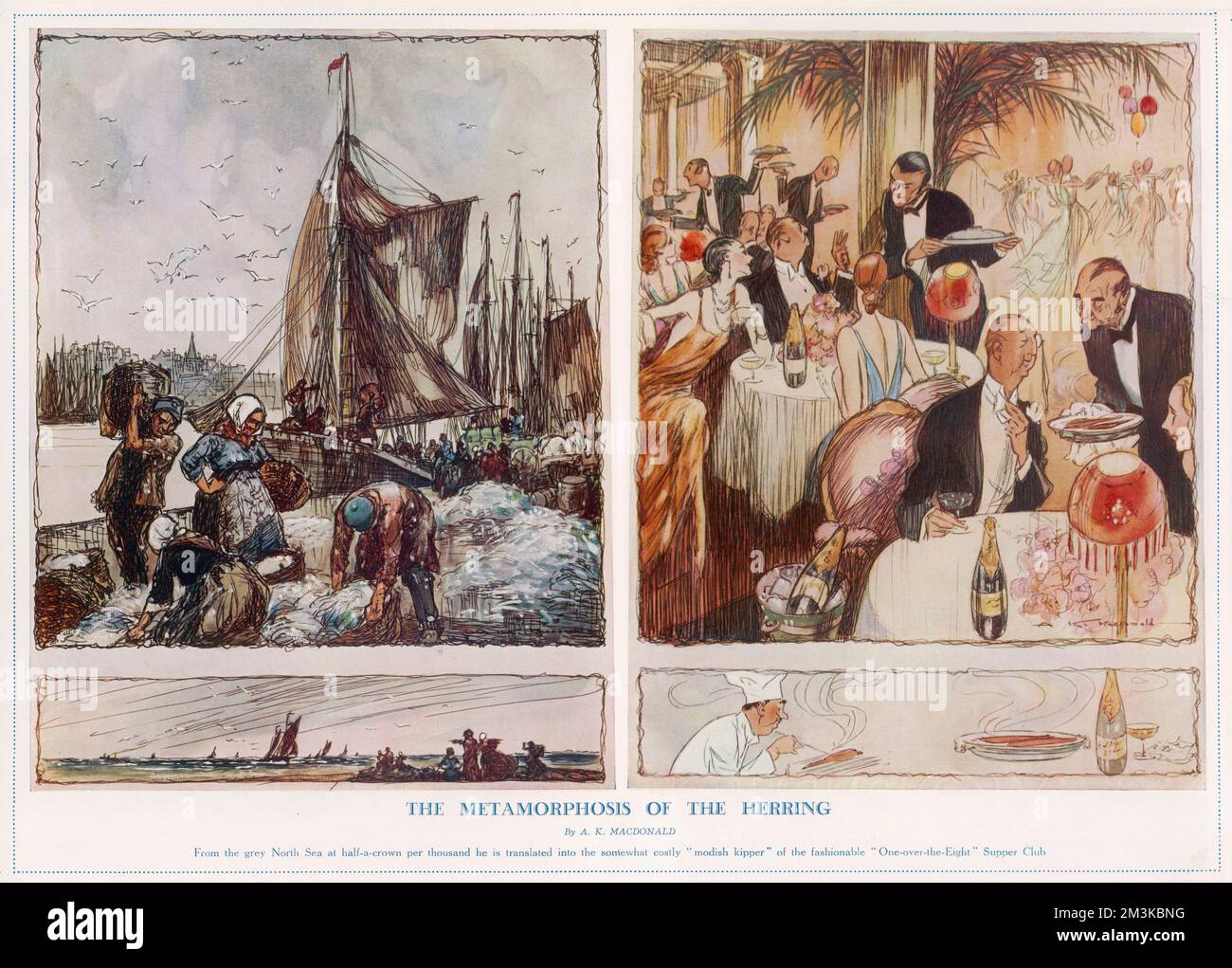 Two contrasting illustrations.  The first shows workers at a quayside or harbour - perhaps Grimsby, sorting a catch of herrings just brought in by a fishing trawler.  The second shows the interior of a glamorous restaurant, the One-over-the-Eight Supper Club in London with fashionably elegant diners enjoying the delights of the modish kipper.     Date: 1933 Stock Photo