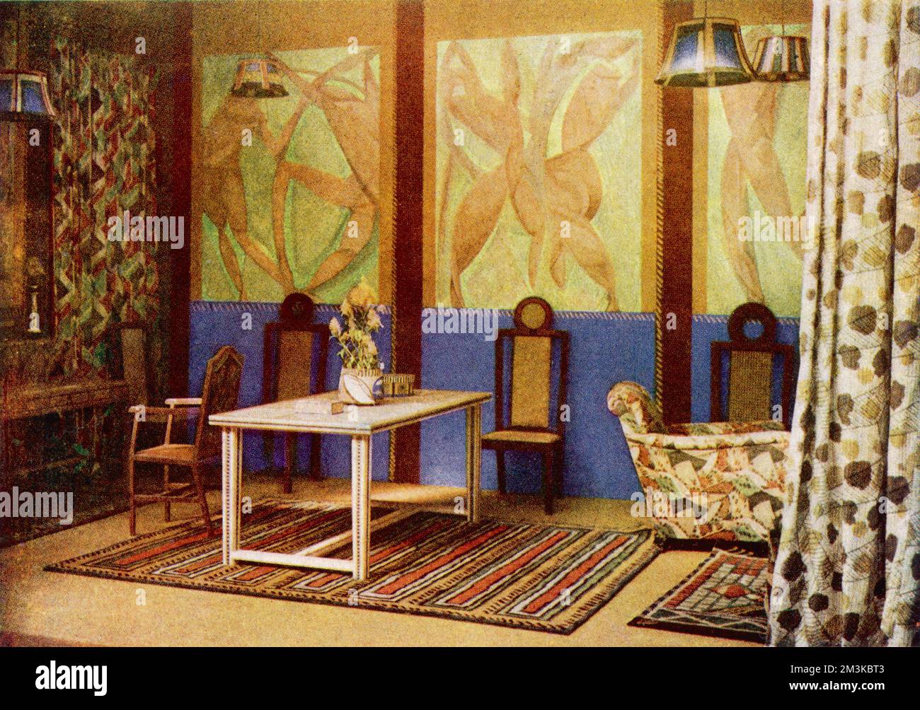 A room inspired by post-impressionism designed by Roger Fry, where everything, including the furniture and ornaments were cubist. It was created by the Omega Workshops, a London design studio set up in 1913 by Fry.     Date: 25th October 1913 Stock Photo