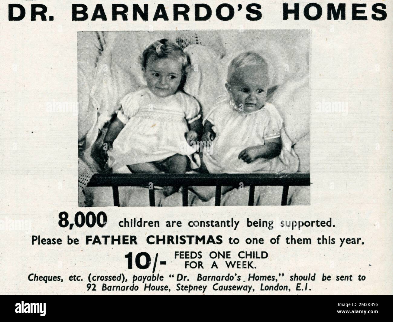 8, 000 childrenare constantly being supported.  Please be Father Chrismas to one of them this year.  10/- feeds one child for a week.     Date: 1944 Stock Photo