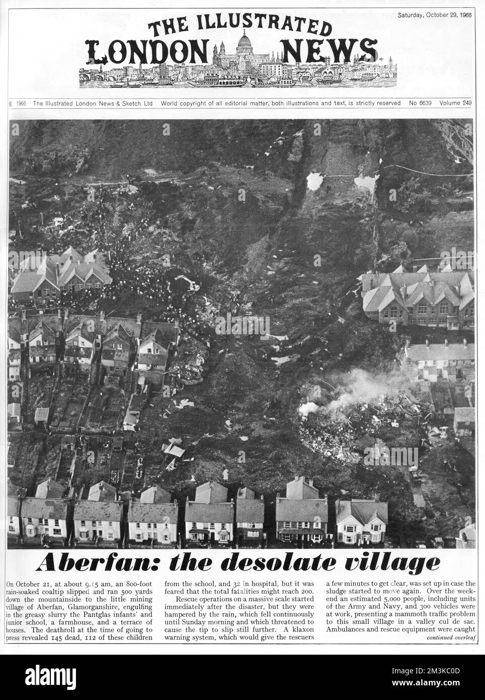 The front page of The Illustrated London News, reporting on the Aberfan disaster. An aerial view of the path of destruction left by the rain-soaked coal tip that slipped 500 yards down the mountainside into the mining village of Aberfan, Glamorgan, South Wales. The Pantglas infants and junior school, a farmhouse and a terrace of houses were engulfed in the slurry.  21st October 1966 Stock Photo