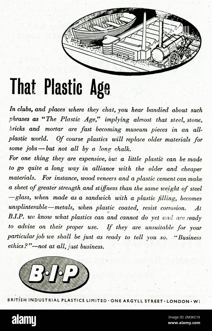 'That plastc age'.  In clubs, and places where they chat, you hear bandied about such phrases as 'The plastc age', implying almost that steel, stone, bricks and mortar are fast becoming museum pieces in an all - plastic world.  Of course plastics will replace older materials for some jobs - but not all by a long chalk. Stock Photo