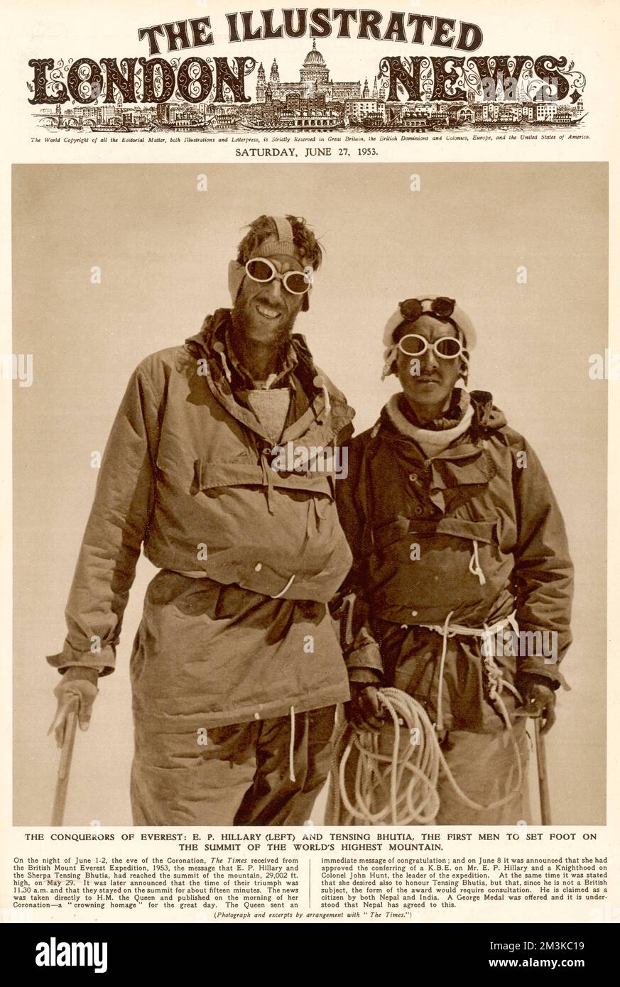 Front cover of The Illustrated London News showing Sir Edmund Hillary together with Sherpa Tensing Bhutia reaching the summit of Mount Everest on May 29 1953.      Date: 1953 Stock Photo