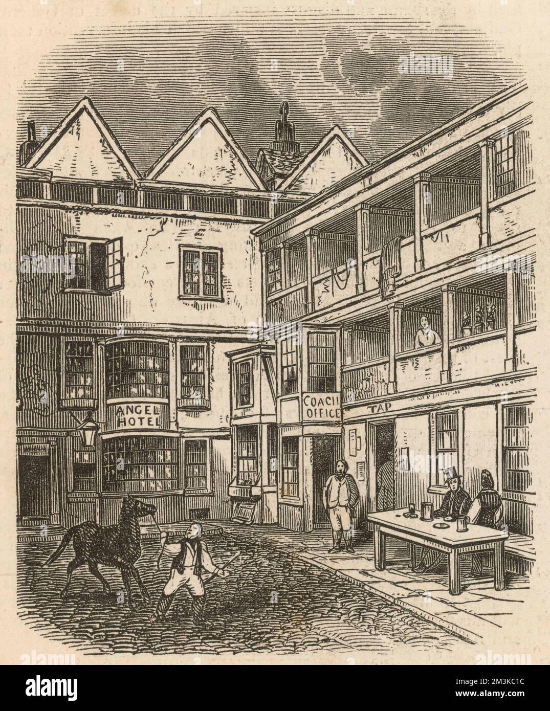 The historic public house in the parish of St Clement Dane's in the Strand, London. The Illustrated London News notes in 1849 that 'it presents a specimen of the galleried innyard,of which there are few remaining in the metropolis.'     Date: 1849 Stock Photo