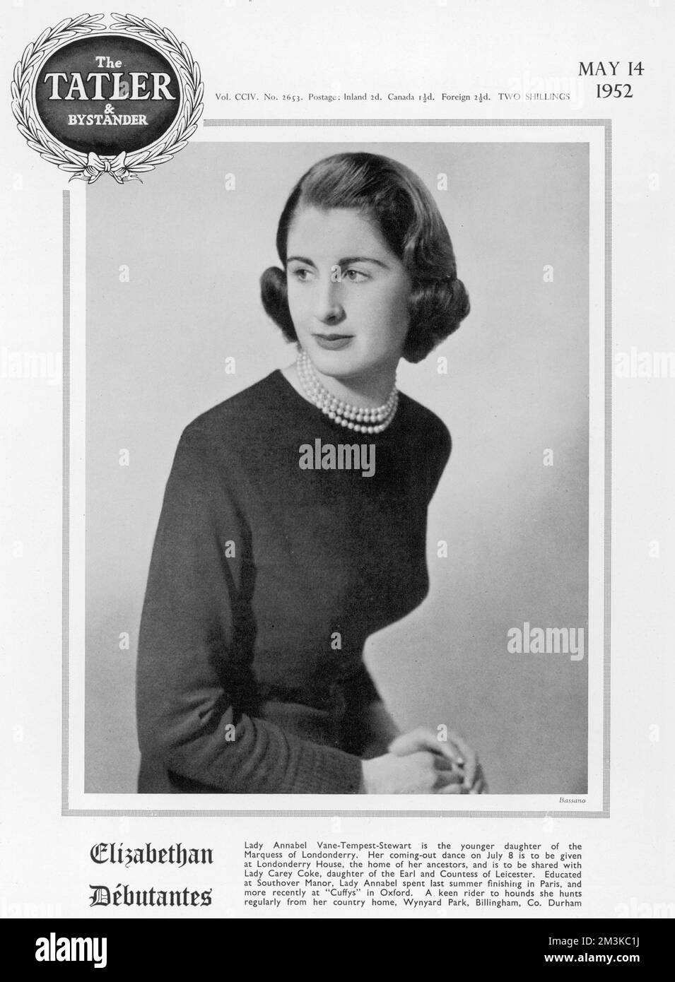 Lady Annabel Vane-Tempest-Stewart, the younger daughter of the Marquess of Londonderry. Shown here a couple of months before her coming-out dance on 8th July at Londonderry House, the home of her ancestors.      Date: 14th May 1952 Stock Photo
