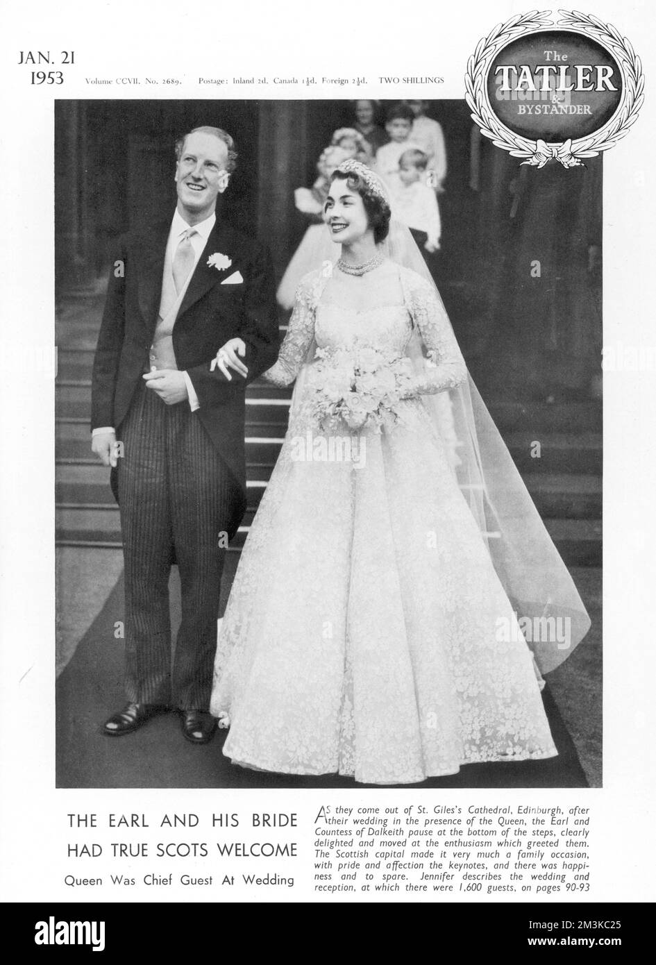 The wedding of the Earl and Countess of Dalkeith; shown here emerging from St. Giles's Cathedral, Edinburgh where they were married in the presence of the Queen.      Date: 21st January 1953 Stock Photo