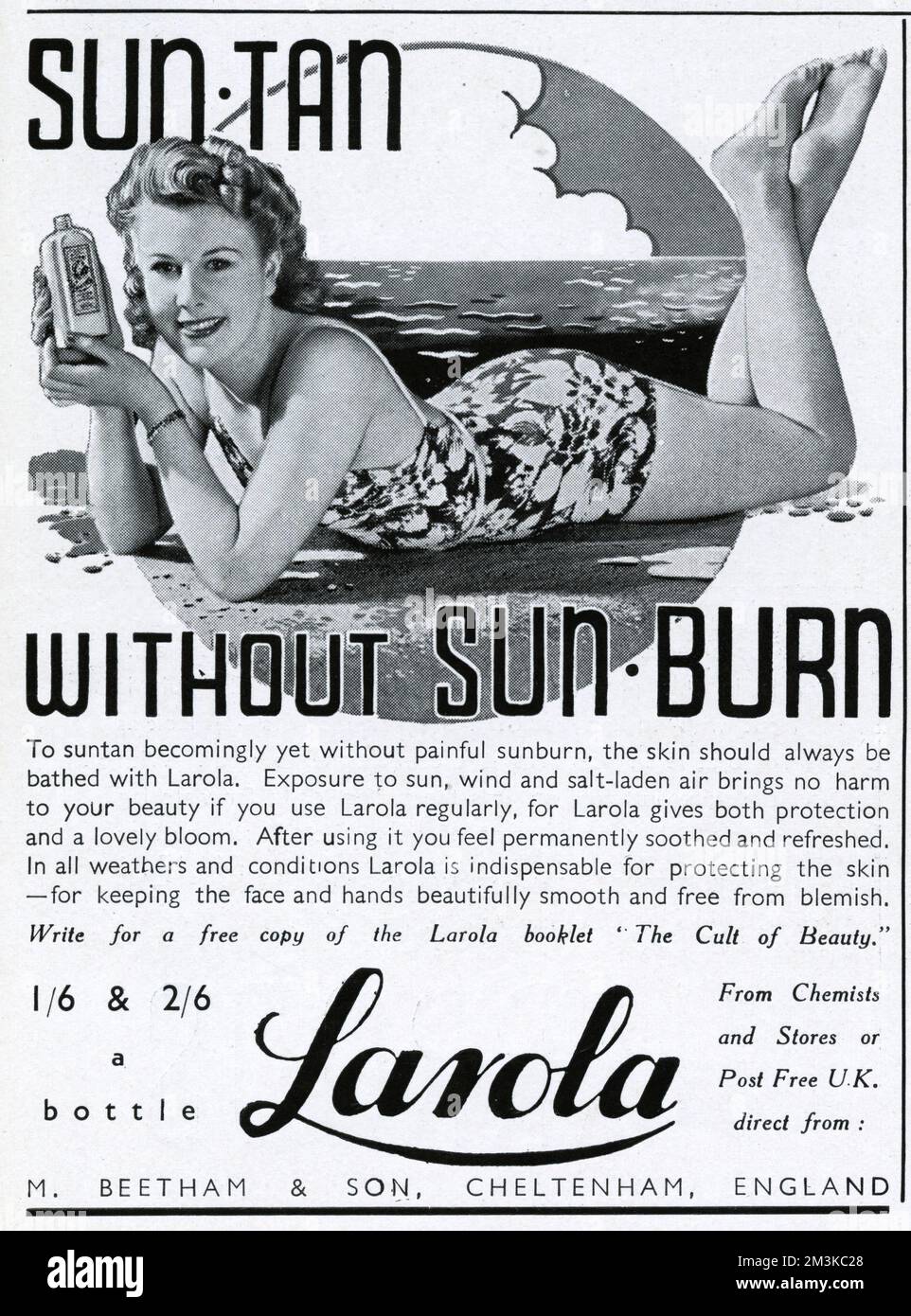'Sun tan without sun burn'.  To suntan becomingly yet without painful sunburn, the skin should always be bathed with larola.  Exposure to sun, wind and salt-laden air brings no harm to your beauty if you use Larola regularly, for Larola gives both protection and lovely bloom.     Date: 1940 Stock Photo