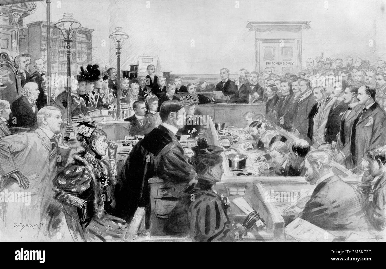 A court room scene in the trial of Doctor Jameson and his officers at Bow Street, February 25th 1896. The prisoners from left to right are as follows: H.N Grenfell, K.J.F Smith, C.H Villiers, J. Stracey, Hon. H. White, Raleigh Grey, Hon H.F Right, Sir J Willoughby and Dr. Jameson. They were accused of unlawfully preparing and fitting out a military expedition to proceed against the South African(Transvaal) Republic. Enthroned of the far left is Sir John Bridge, the presiding judge.     Date: February 25th 1896, shortly after 7pm Stock Photo
