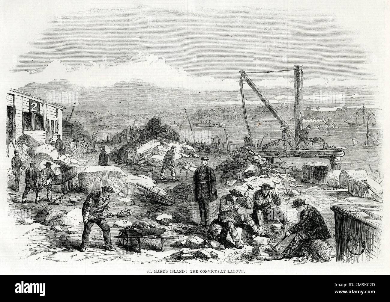 Convicts at labour breaking rocks at St Mary's Convict Prison, Chatham. A serious riot broke out here amongst the inmates in early March 1861, which had to be forcibly put down by the military.     Date: 1861 Stock Photo