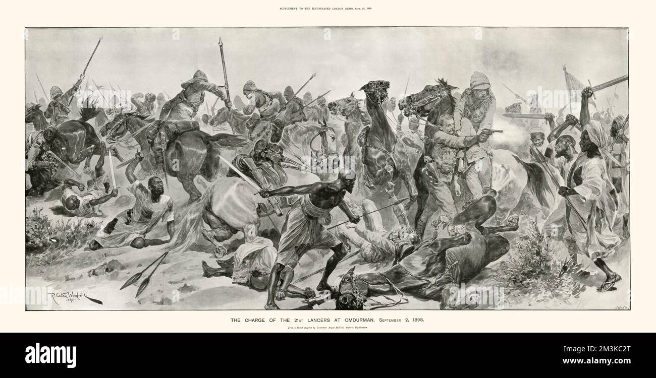 The Charge of the 21st Lancers at Omdurman, 2nd September, 1898 by R. Caton Woodville. Winston Churchill famously rode with the 21st Lancers at this battle, and 3 Victoria Crosses were awarded as a result of the action. Stock Photo
