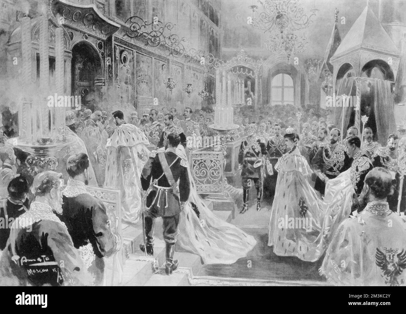 The coronation of the Tsar, showing the Metropolitan anointing the Emperor with holy oil. The completion of this rite was proclaimed by a peal of bells and a salute of 101 guns. The Emperess then advanced and was anointed as well, but on the forehead only.     Date: 26th May 1896 Stock Photo