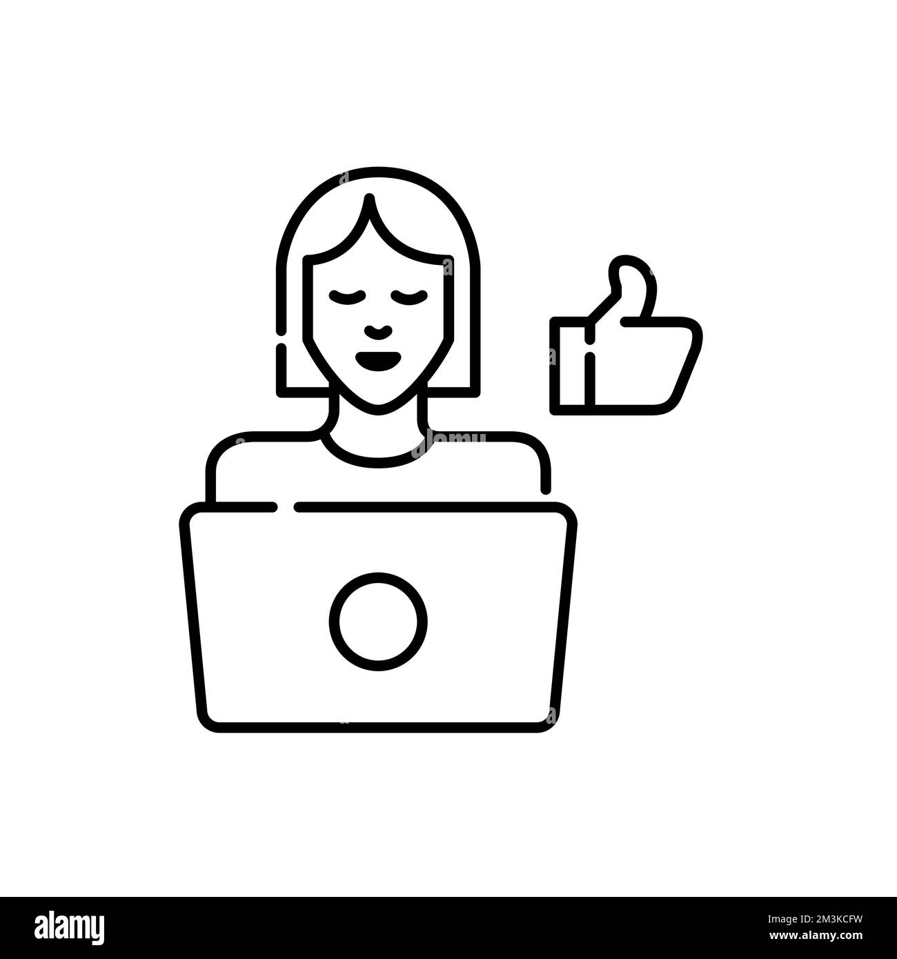 Happy customer at laptop giving thumbs-up feedback. Pixel perfect