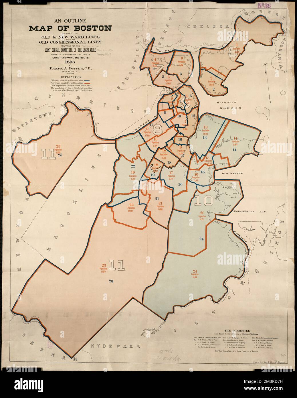 An outline map of Boston showing the old & new ward lines, also the old
