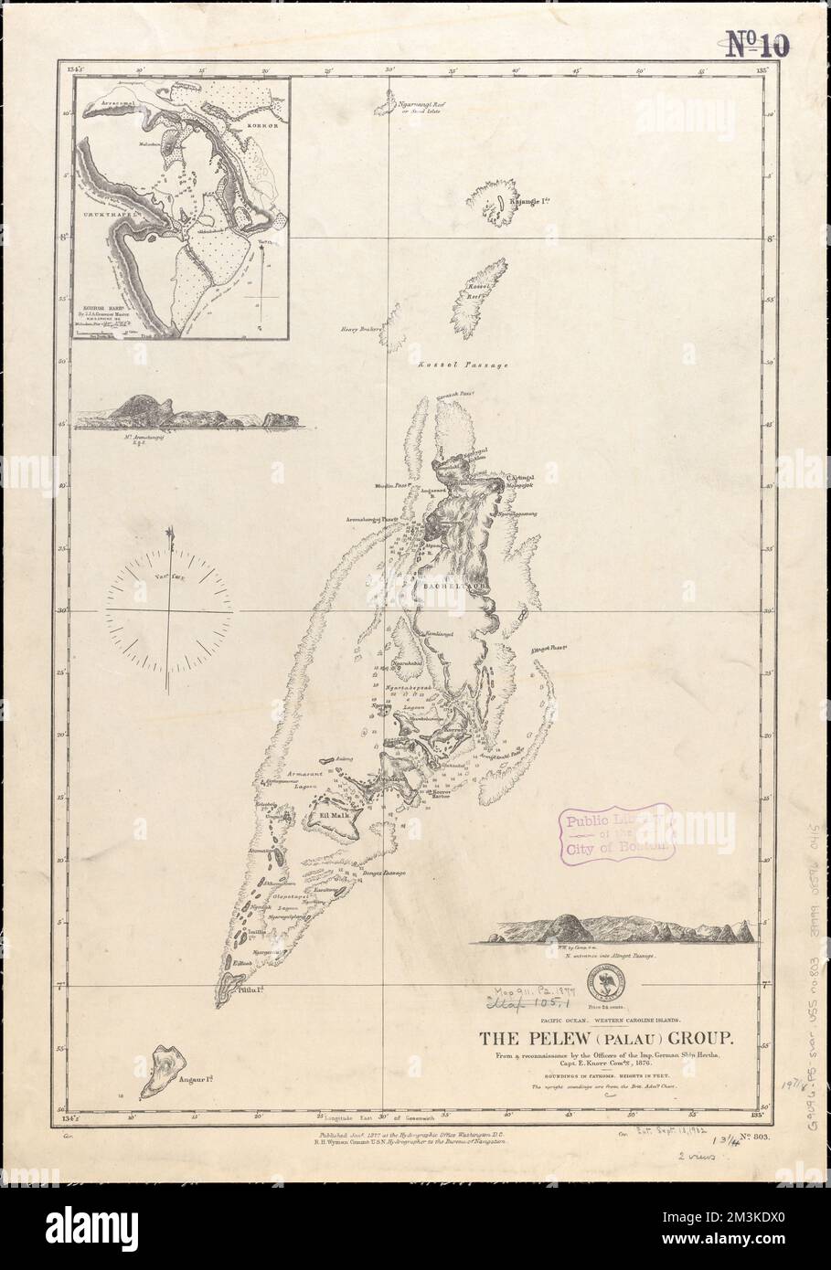 Pacific Ocean, western Caroline Islands, the Pelew (Palau) Group : from a reconnaissance by the officers of the Imp. German ship Hertha, Capt. E. Knorr comdg, 1876 , Palau, Maps, Nautical charts, Palau Norman B. Leventhal Map Center Collection Stock Photo