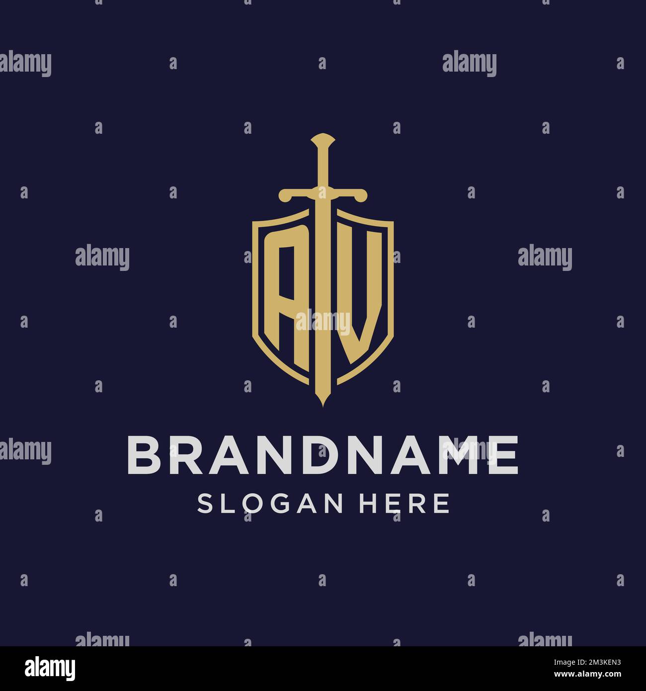AV logo initial monogram with shield and sword design ideas Stock Vector