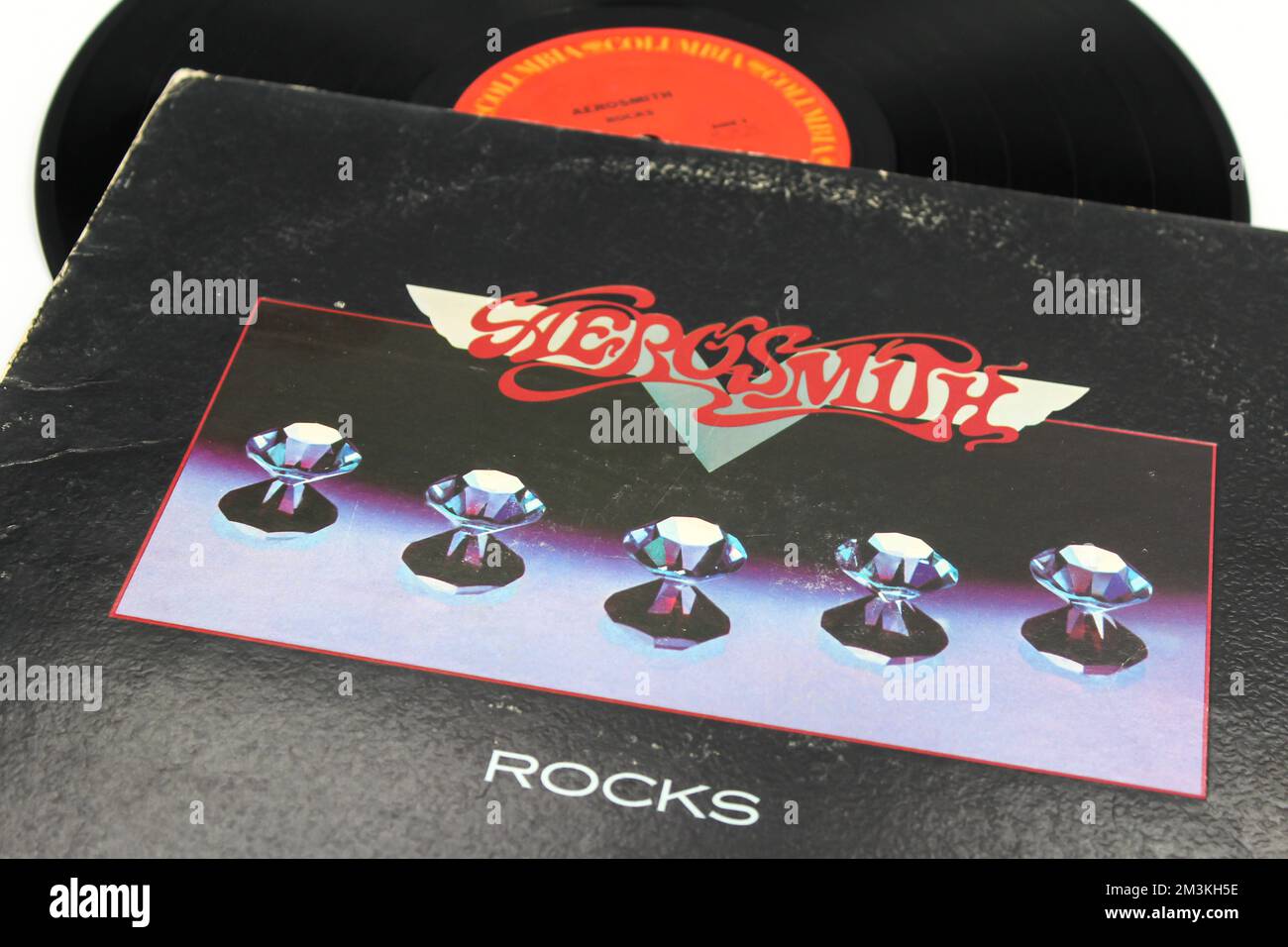 Classic rock band, Aerosmith, music album on vinyl record LP disc. Titled Rocks  Album Cover Stock Photo