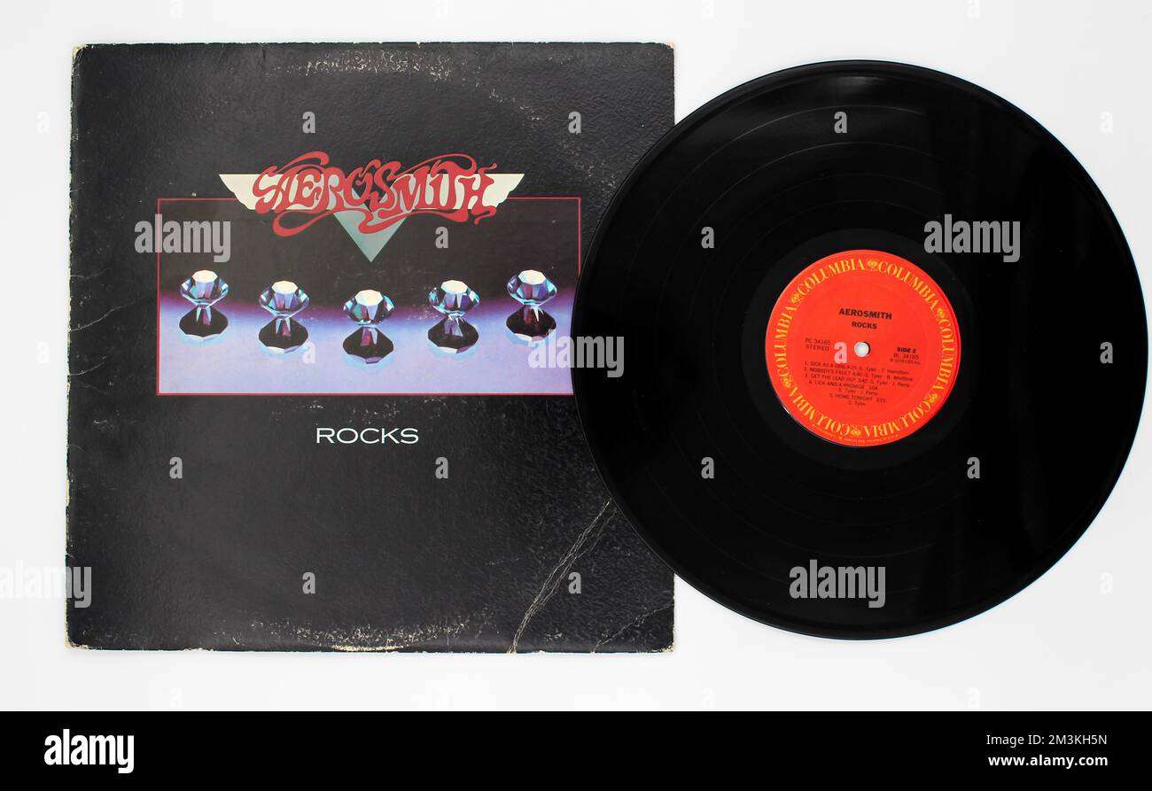 Classic rock band, Aerosmith, music album on vinyl record LP disc. Titled Rocks  Album Cover Stock Photo