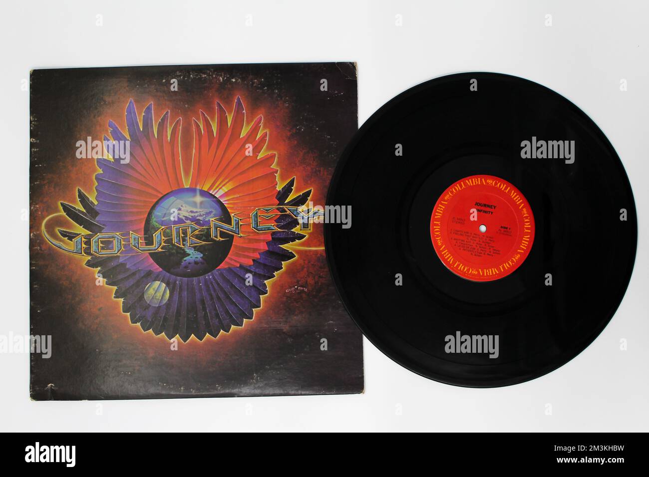 Hard rock and soft rock band,  Journey band music album on vinyl record LP disc. Titled: Infinity album cover Stock Photo