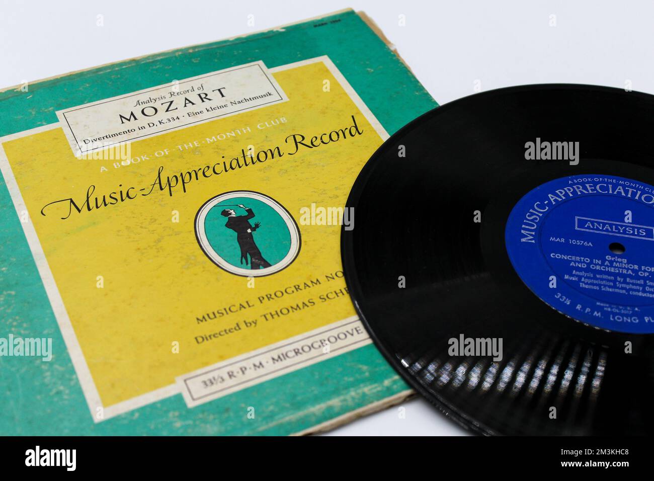 Music Appreciation Record: Analysis Record of Mozart Divertimento in D, K 334, Eine Kleine Nachtmusik on Vinyl Record LP Partial Album Cover Stock Photo
