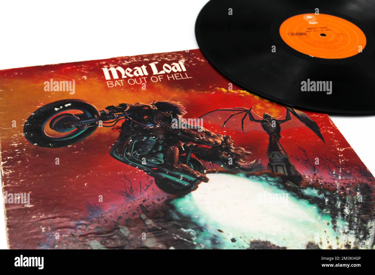 Bat Out of Hell is the 1977 debut album by American rock singer Meat Loaf and composer Jim Steinman. Album cover, on vinyl record. Stock Photo