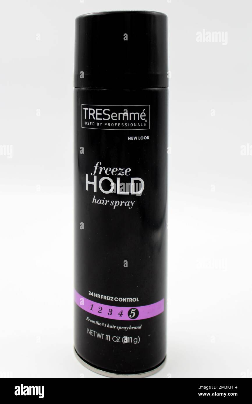 Isolated bottle of Tresemme Freeze Hold Anti-Frizz Hair Spray used by professionals. Tresemme is a popular haircare brand available at beauty stores Stock Photo
