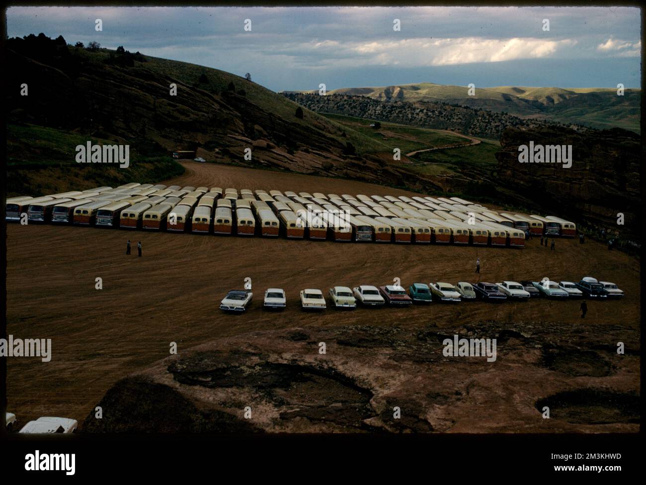 Parked buses and cars outside Red Rocks Amphitheatre, Colorado