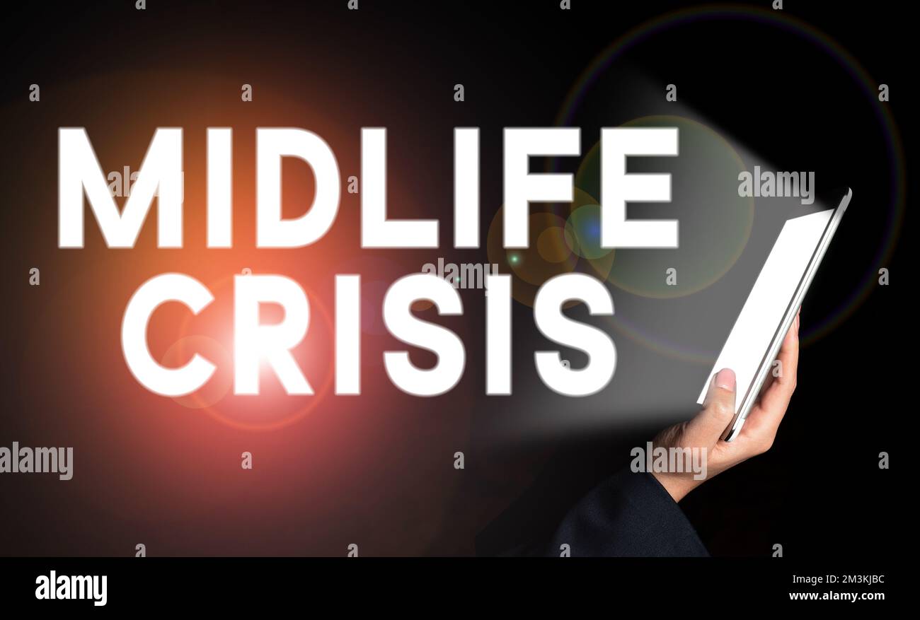 Writing displaying text Midlife Crisis, Business overview Software development technique Decomposing an application Stock Photo