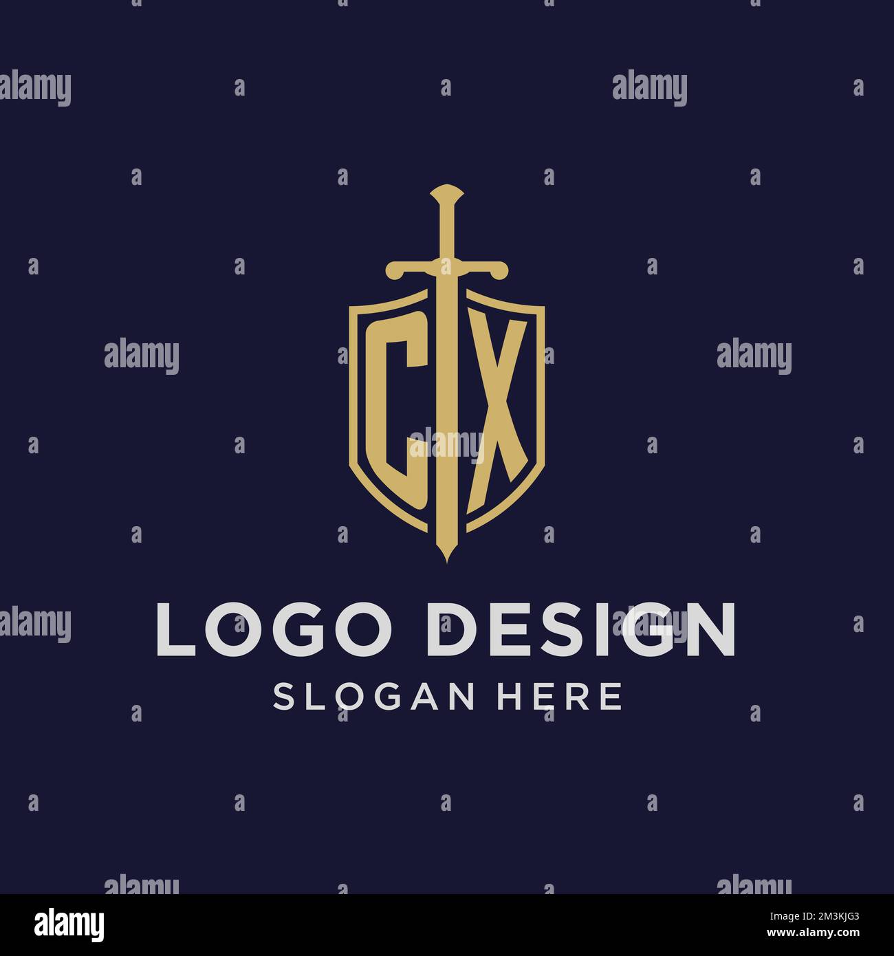 CX logo initial monogram with shield and sword design ideas Stock Vector