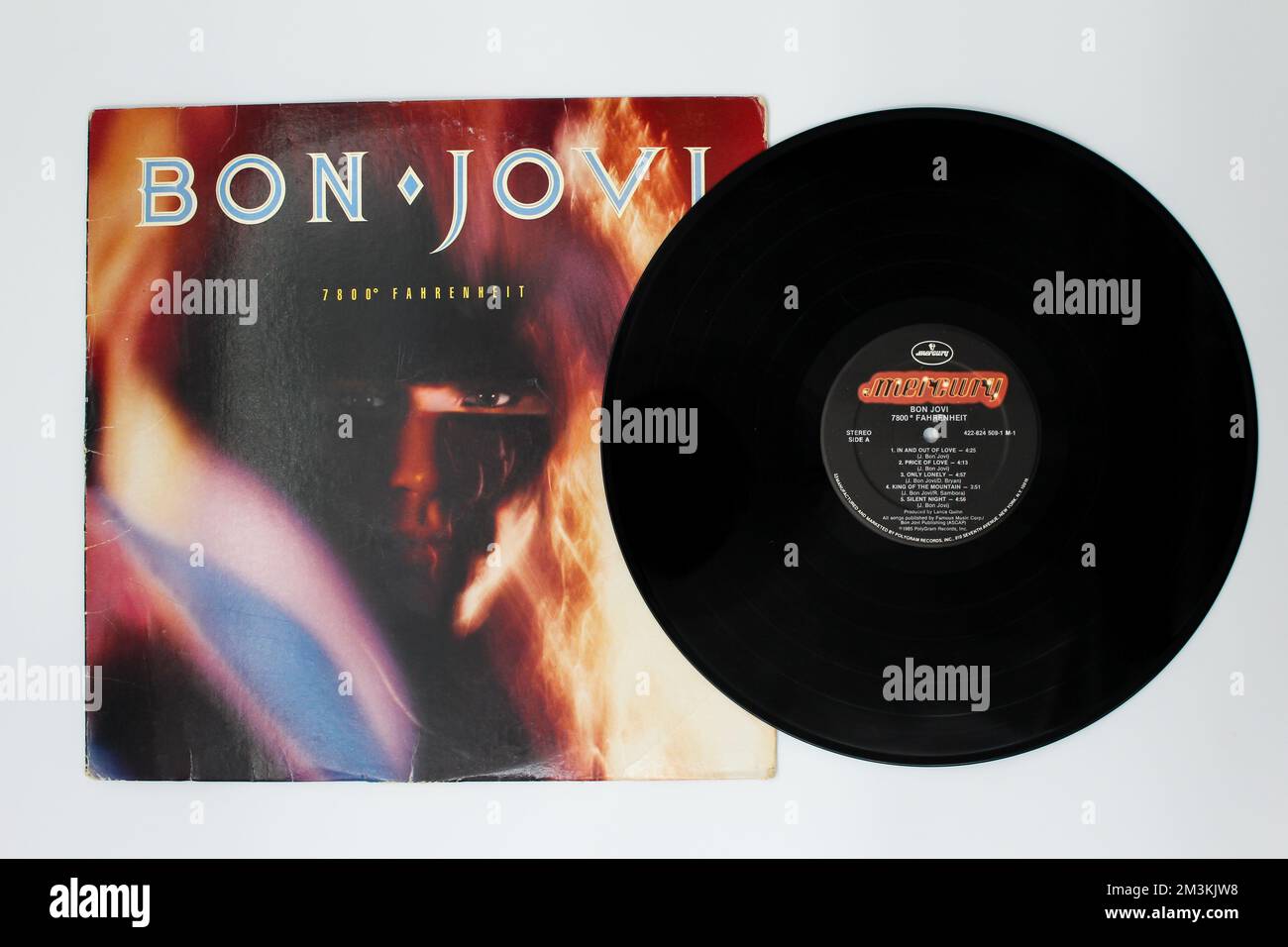 Glam metal and hard rock artist, Bon Jovi music album on vinyl record LP disc. Titled: 7800 Fahrenheit LP Stock Photo