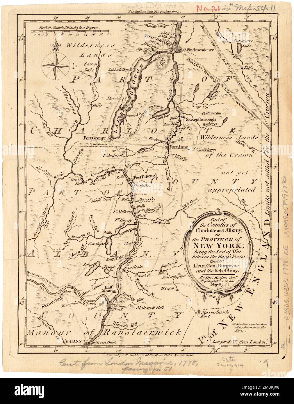 Part of the counties of Charlotte and Albany, in the Province of New York : being the seat of war between the King's forces under Lieut. Gen. Burgoyne and the rebel army , Washington County N.Y., History, 18th century, Maps, Early works to 1800, Albany County N.Y., History, 18th century, Maps, Early works to 1800 Norman B. Leventhal Map Center Collection Stock Photo