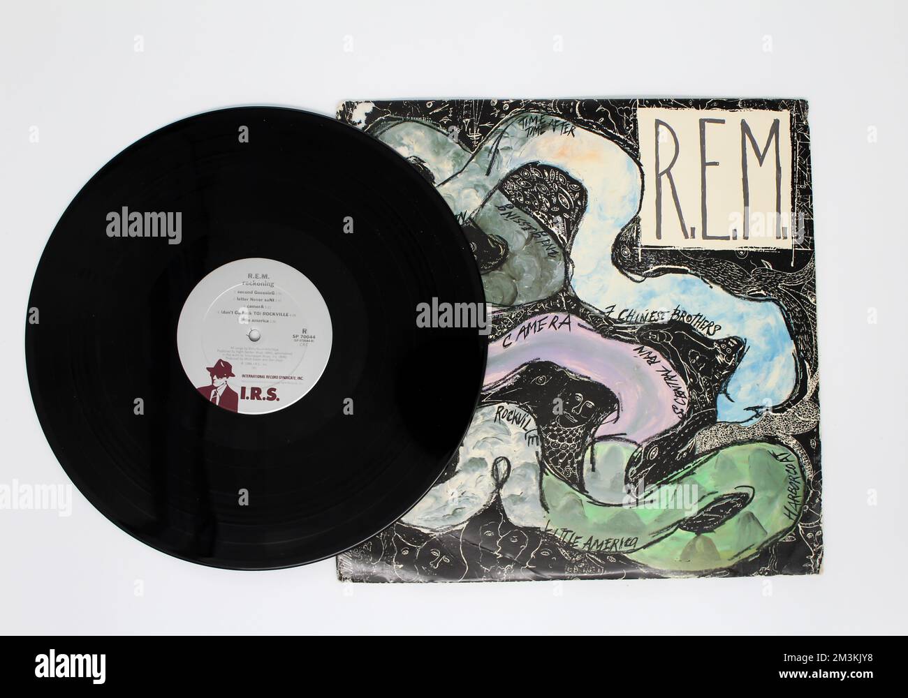 Alternative rock band, R.E.M. music album on vinyl record LP disc. Titled: Reckoning album cover Stock Photo