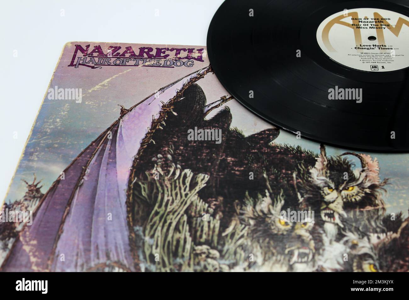 Hair of the Dog is the sixth studio album by the Scottish hard rock band Nazareth on vinyl record LP album cover. Stock Photo