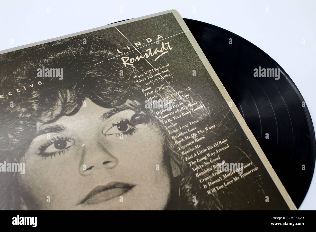 Rock, country rock and folk rock artist, Linda Ronstadt music album on vinyl record LP disc. Titled: A Retrospective, a Compilation of songs Stock Photo