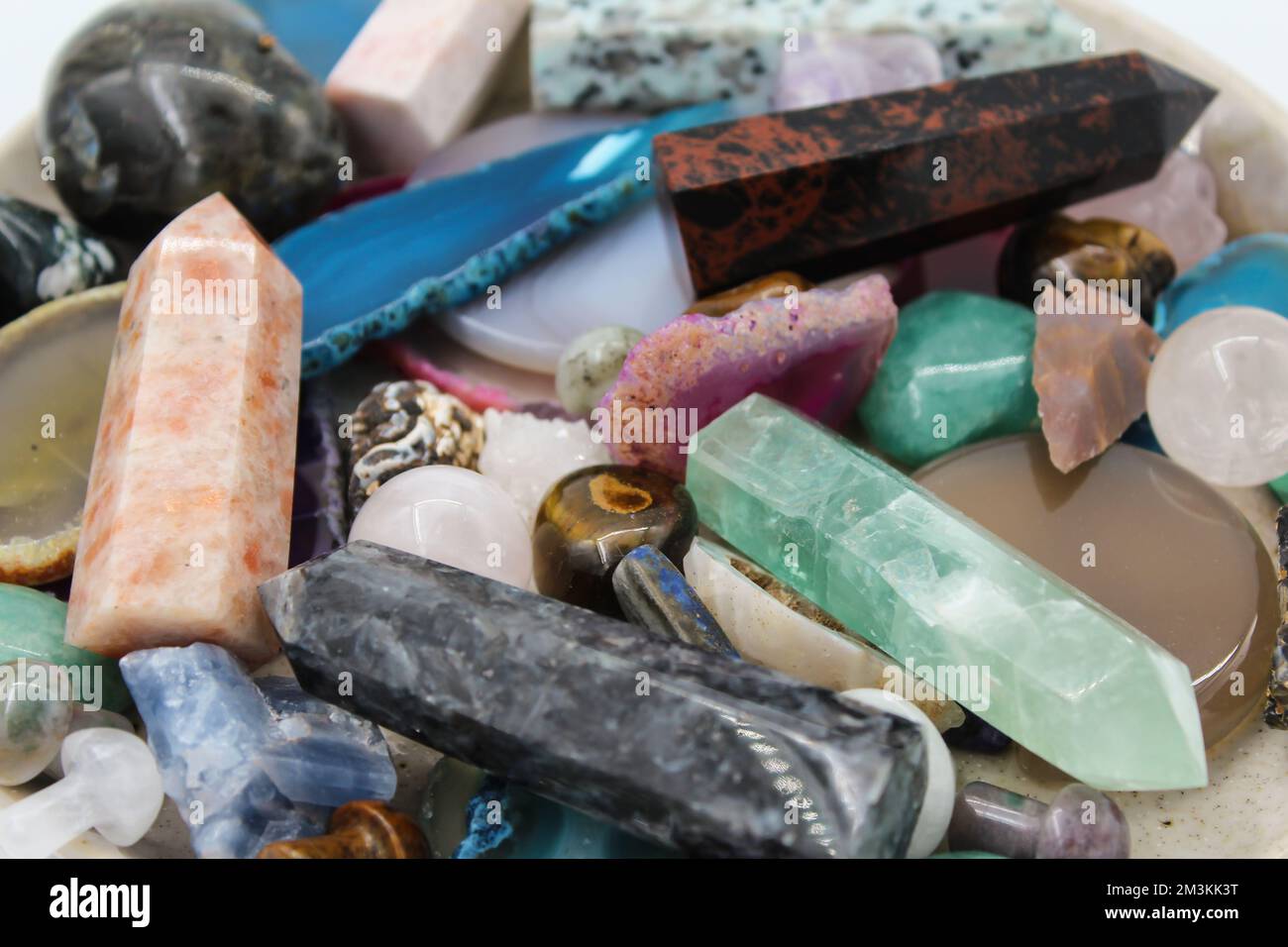 Semi precious gemstones minerals for meditation relaxation close up. Healing stones for Magic Crystal Ritual, Witchcraft, Chakra relaxation. Spiritual Stock Photo