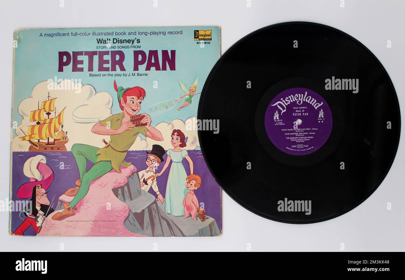 Peter Pan is a 1953 American animated adventure fantasy film produced by Walt Disney Productions on vinyl record lp disc. Stock Photo