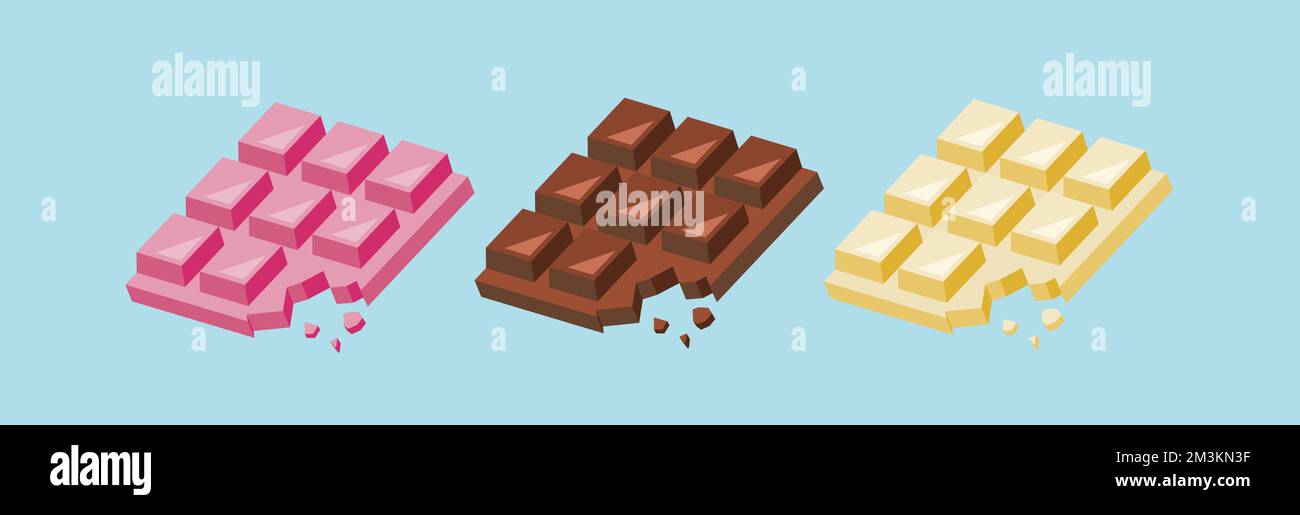 chocolate bars isolated Vector illustration. Chocolate. Pieces, shavings, cocoa fruit. Dark, Milk and Pink Strawberry Chocolates For Valentine's day Stock Vector