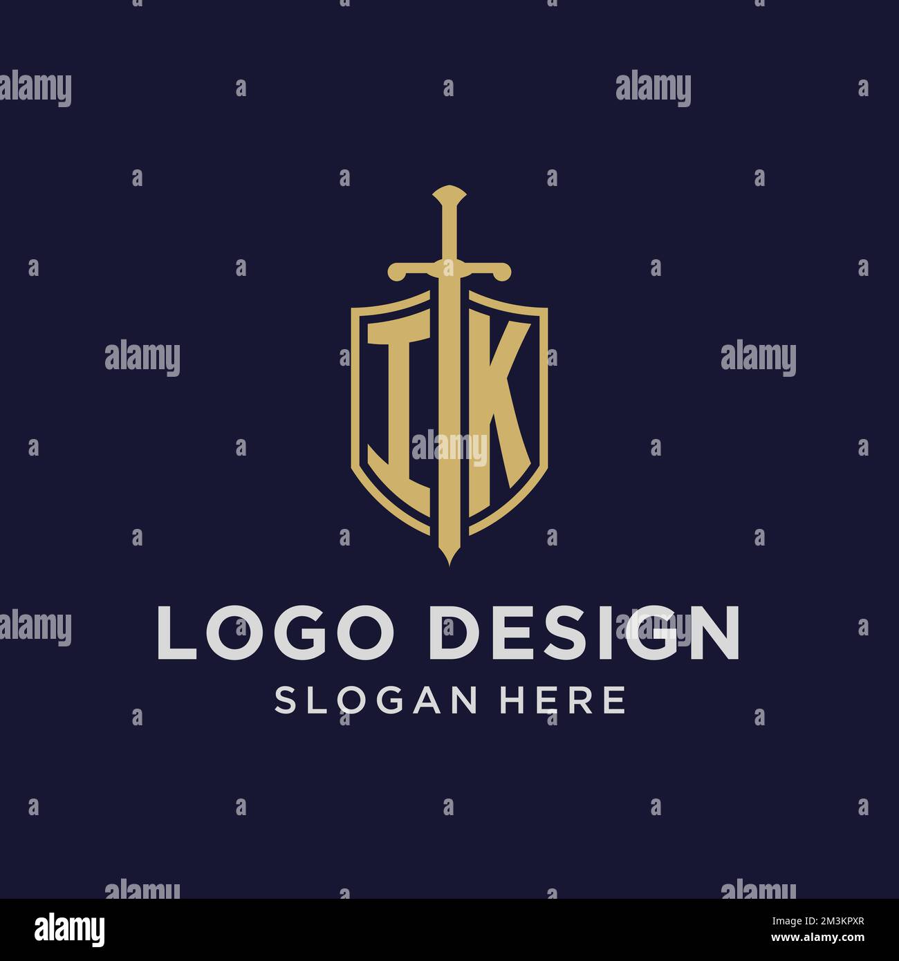 IK logo initial monogram with shield and sword design ideas Stock Vector