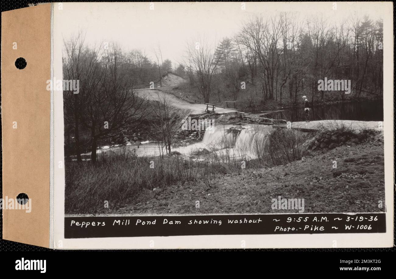 Peppers Mill Pond dam showing washout, Ware, Mass., 955 AM, Mar. 19