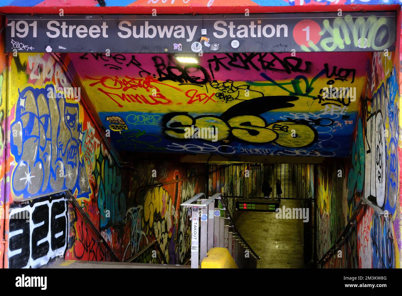 The entrance of 191 Street Subway Station Tunnel for Line 1 in Washington Heights.Manhattan.New York City.USA Stock Photo