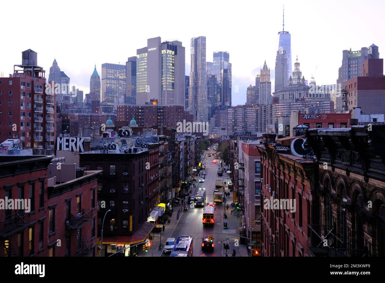 Madison Street in Lower East Side of Manhattan with One World Trade