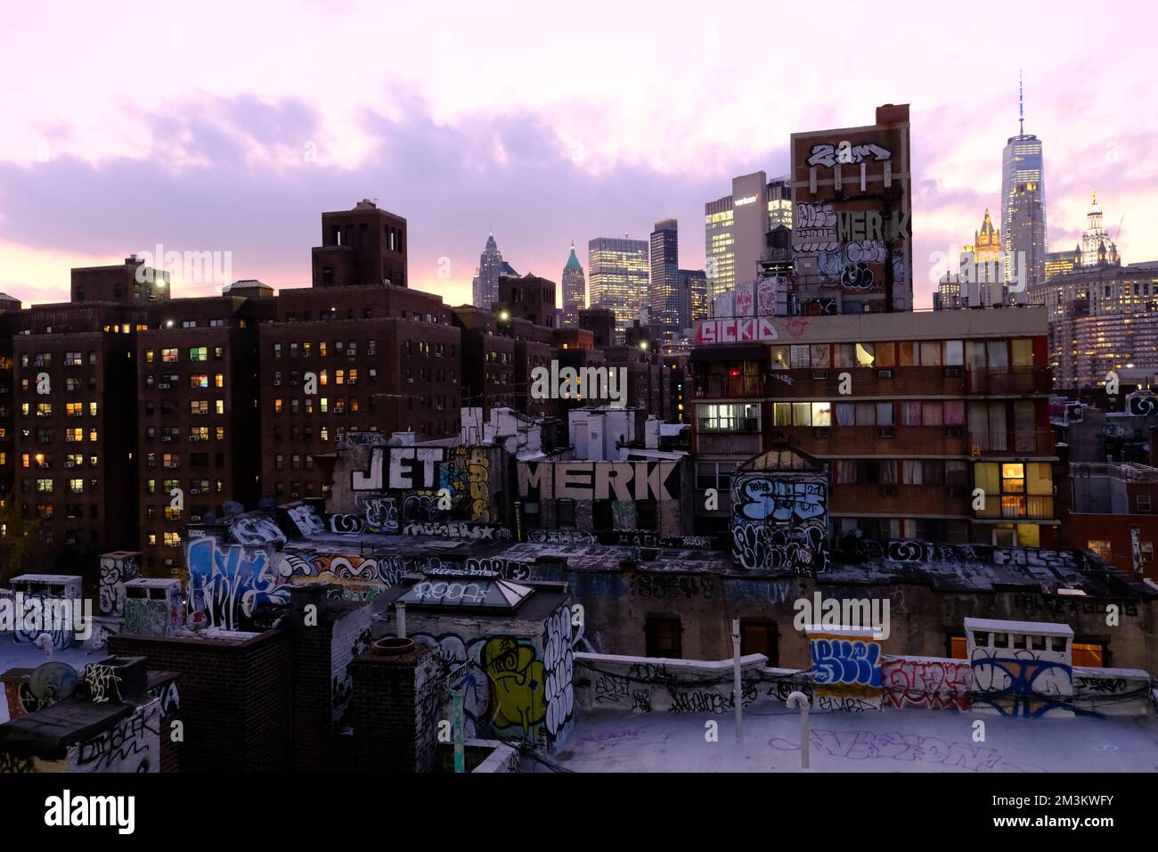 Twilight rooftop view of Lower East Side of Manhattan with One World